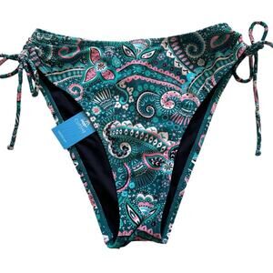 Cupshe Bikini Bottom Blue Pink Paisley High Waist Side Ties Cheeky Small NWT